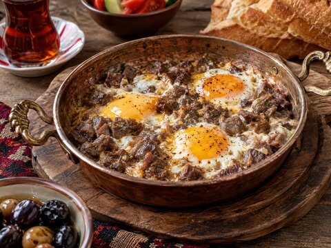 Kavurmalı Yumurta mit geschmortem Fleisch und Eiern in einer traditionellen Kupferpfanne, rustikal serviert. Deftige t&uuml;rkische Spezialit&auml;t f&uuml;r ein authentisches Fr&uuml;hst&uuml;ck oder Brunch.