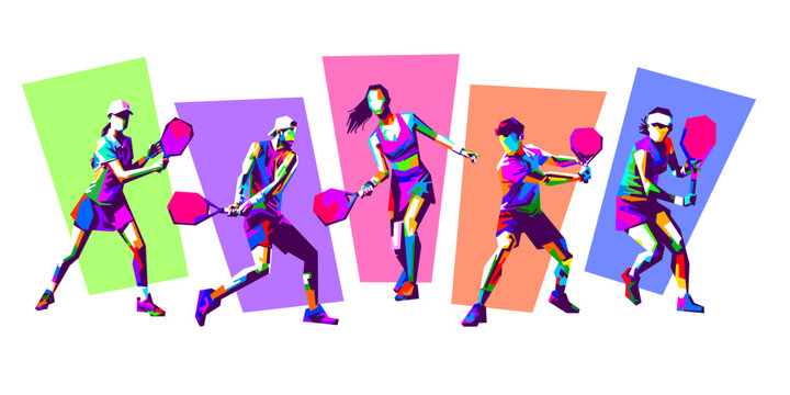 Horizontal vector banner illustration set of padel tennis players in action in WPAP pop art style featuring colorful geometric designs.