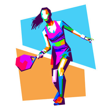 Vibrant vector illustration of a female padel tennis player in action during a match, created in detailed WPAP pop art style with colorful geometric shapes.