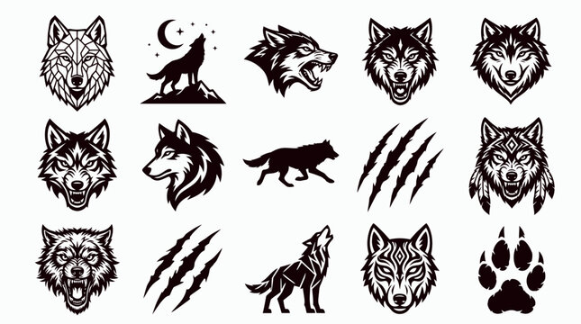 Wolf logo set, tribal howling wolf head and claw mark mascot collection

