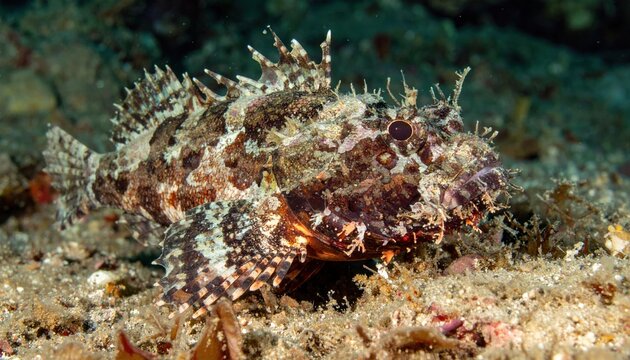 Stonefish with textured skin and sharp dorsal fins, detailed marine wildlife photography