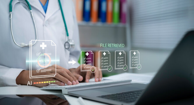 AI healthcare concept showing doctor scanning patient data with intelligent digital system for medical analysis health records processing and secure clinical decision support