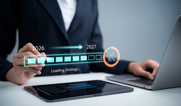 Business strategy concept showing professional planning with 2026 to 2027 timeline progress indicator and 95 percent completion on digital devices for future growth planning and success