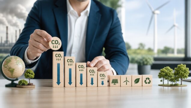 environmental policy climate change regulation. Businessman reducing CO2 emissions using wooden blocks, symbolizing sustainable energy and environmental protection.