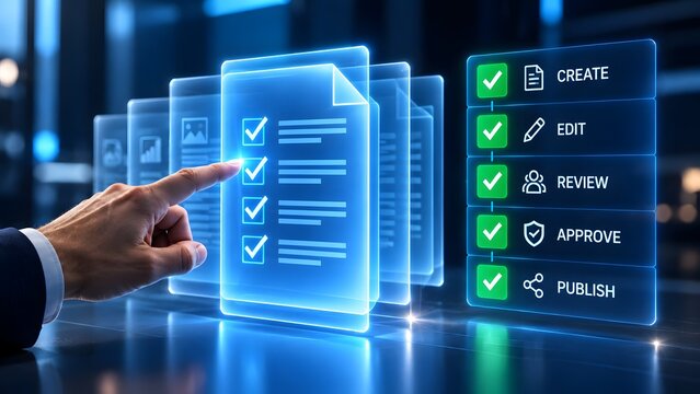 Hand interacting with glowing digital document checklist and interface buttons for create edit review approve publish workflow