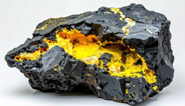 Broken volcanic rock with exposed interior and yellow sulfur deposits, scoria lava geological specimen