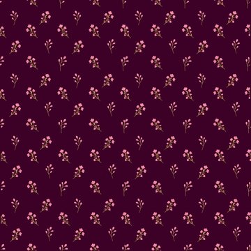 Ditsy Pink Floral Seamless Pattern on Dark Maroon Background