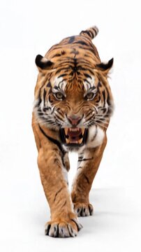 Majestic Bengal tiger striding forward with mouth open, exuding power and grace. The big cat is isolated on a white background, capturing its fierce presence. Video made using Generative AI.