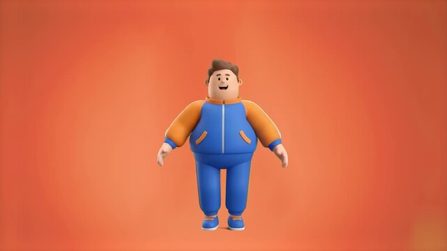 A cheerful 3D animated chubby boy in a blue and orange tracksuit performing jumping jacks or star jumps exercise on a warm orange studio background. Great for fitness app promos, sports workouts, morn