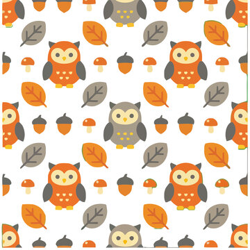 Seamless pattern of cartoon owls, acorns, mushrooms, and leaves