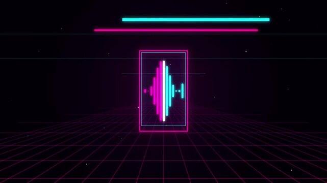 Neon cyberpunk monolith animation with pulsing audio frequency