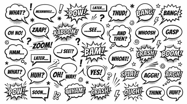 Hand drawn comic speech bubble set, doodle pop art talk balloon collection

