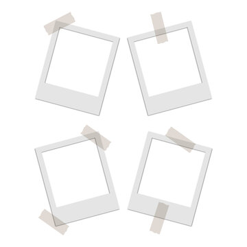 Set of four blank polaroid photo frames with adhesive tape, realistic empty instant photo templates for memories, isolated on transparent background