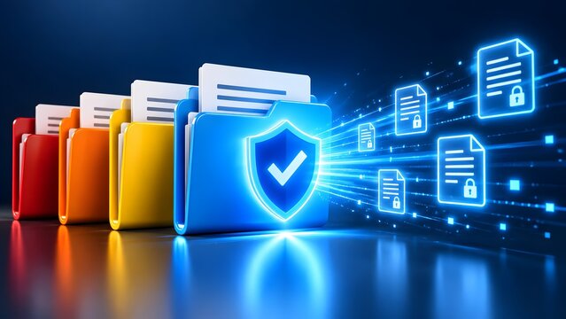 Colorful physical folders transforming into secure digital files with glowing padlock icons and checkmark shield representing data protection