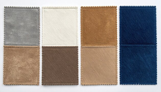 Four rectangular corduroy fabric patches in blue, white, beige, and brown with frayed edges for textile design