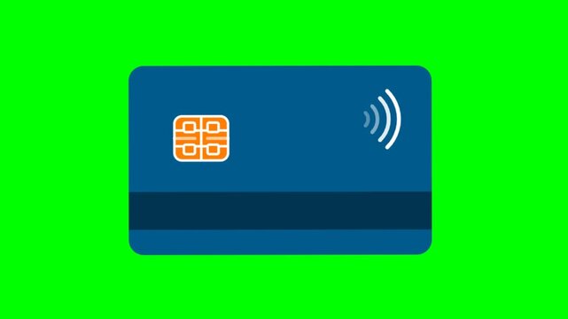 Blue generic credit card with chip and contactless payment symbol isolated on green screen background