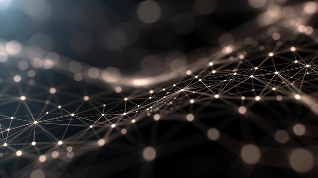 Glowing network waves with luminous nodes in abstract style on a dark background, symbolizing connectivity and innovation