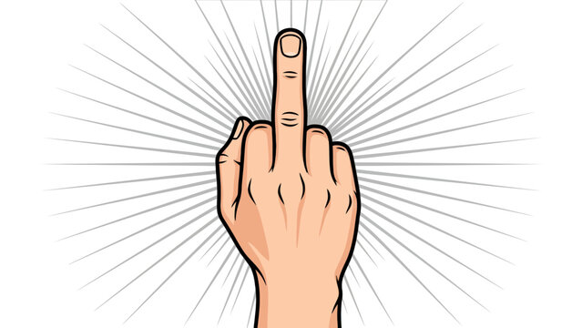 Human hand gesture showing middle finger raised in an aggressive and offensive pop art illustration with crisp bold black lines