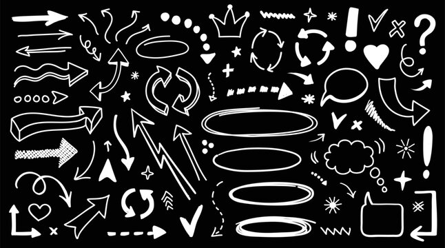 Sketchy white arrow set with pen, crayon and chalk effects. Hand drawn style with brush and pencil strokes. white swipe arrows, speech bubbles, comment icons, hearts, on black background featuring
