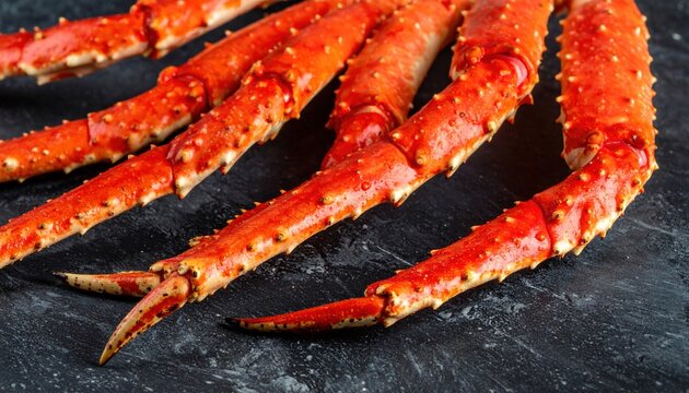 Collection of king crab claws with detailed textured shells, premium seafood concept