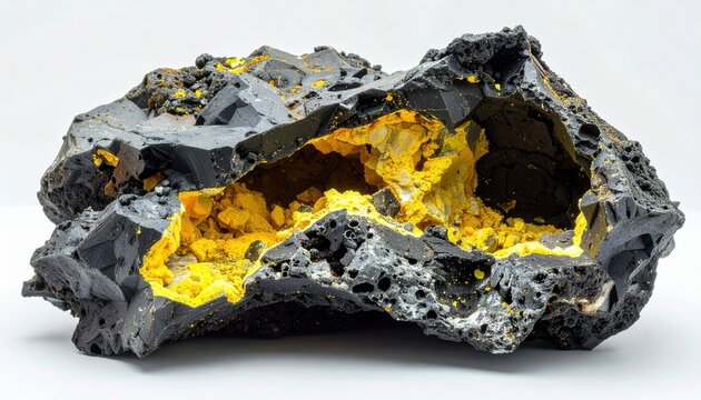 Broken volcanic rock with exposed interior and yellow sulfur deposits, scoria lava geological specimen