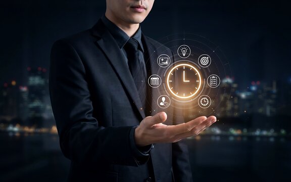 Business professional presenting time management and schedule planning hologram over city