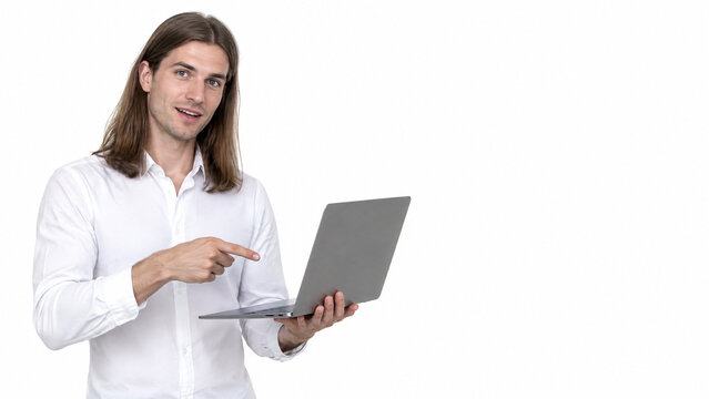 Professional man pointing at laptop screen, confident male entrepreneur holding computer, business professional with long hair on white background