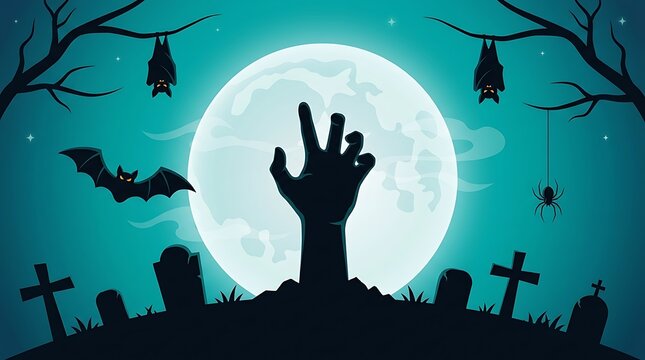 Eerie zombie hand rising from graveyard under bright full moon featuring flying bats and spooky trees