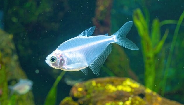 Ghost catfish with translucent body swimming underwater, detailed aquatic wildlife