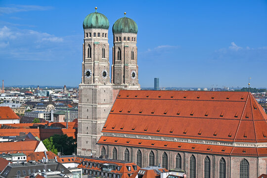 Frauenkirche Cathedral Twin Towers and Red Roof Skyline in Munich Germany
