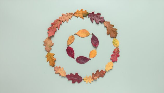 A vibrant autumn arrangement of colorful leaves and small pumpkins forming a circular pattern on a pastel background captures the essence of fall season festivities and nature s transition