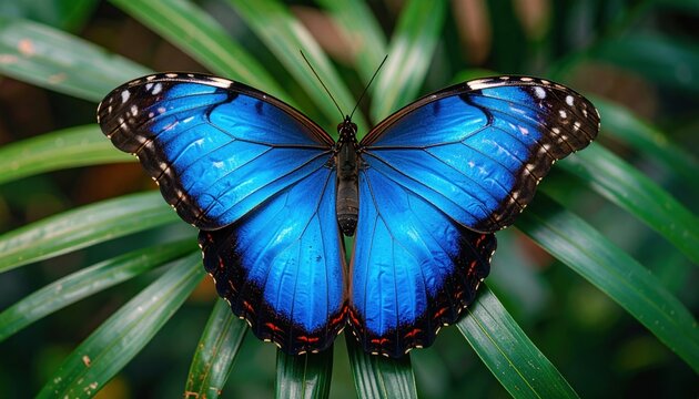 Blue morpho butterfly with open wings viewed from above, vivid azure scales and tropical insect beauty