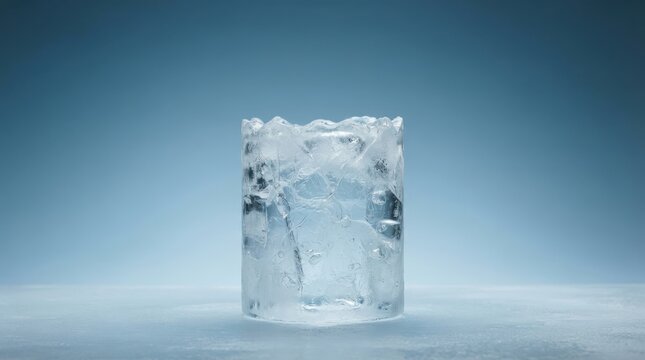 Clear glass filled with ice cubes sitting on a frozen surface against a soft blue gradient background for refreshing beverages