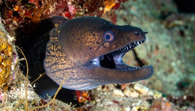 Moray eel with open mouth and sharp teeth showing detailed marine anatomy for ocean wildlife studies