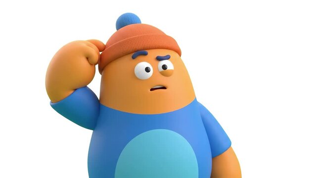 A close-up of a 3D animated cartoon character scratching his head while thinking deeply on a white background. Great for educational content, web graphic elements, problem-solving topics, and presenta
