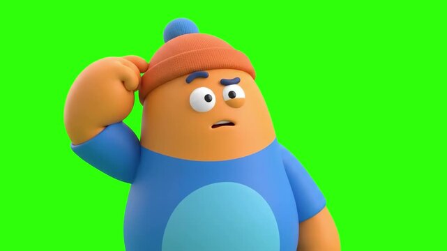A close-up of a 3D cartoon character in a hat scratching his head thoughtfully on a green screen chroma key background. Perfect for expressing confusion, decision-making, searching for answers, and fu