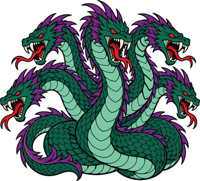 Mythical Hydra Monster, Five Heads, Green and Purple Scales, Fierce Creature