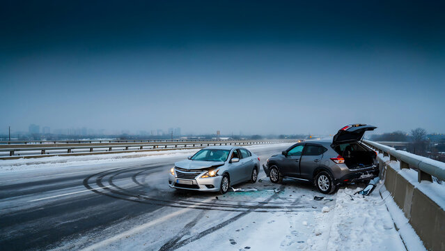 Two damaged cars involved in a highway accident on a snowy winter day