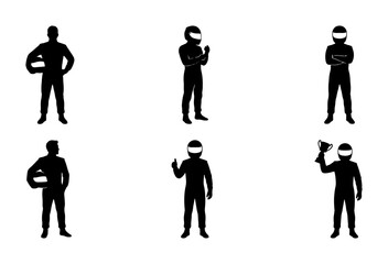 Fototapeta premium Black silhouette racing drivers in various poses, motorsport and