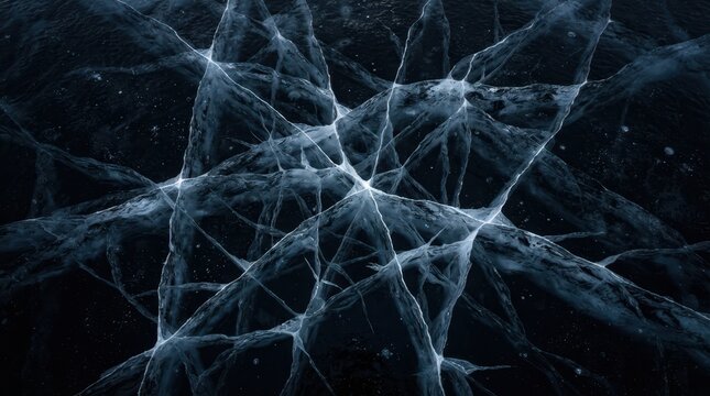 Intricate web of deep cracks spreading across thick dark blue frozen lake ice creating a natural geometric abstract pattern