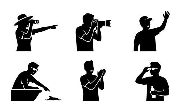 Black silhouettes of people observing, photographing, and gesturing on