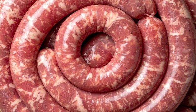 Raw pork sausages arranged in a spiral, detailed meat texture and natural marbling