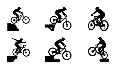Fototapeta premium Black silhouette mountain bikers performing stunts, white background