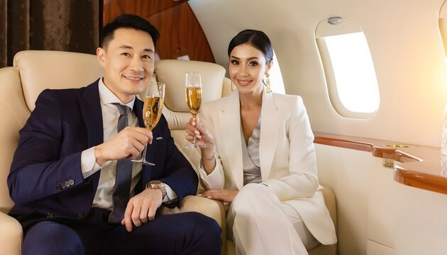 Elegant wealthy Asian business couple smiling and toasting champagne glasses while sitting in luxury private jet cabin interior.