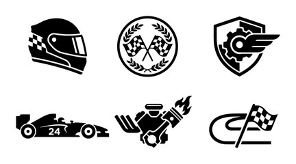 Fototapeta premium Black and white racing icons, F1 car, helmet, engine, checkered flags