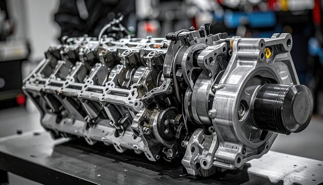 Disassembled engine block with visible camshafts and mechanical components, automotive engineering photography