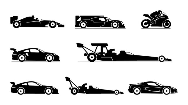 Black silhouettes of racing cars and motorcycle on white background