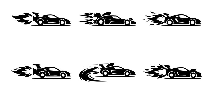 Black sport car icons with fire exhaust, set of racing vehicle