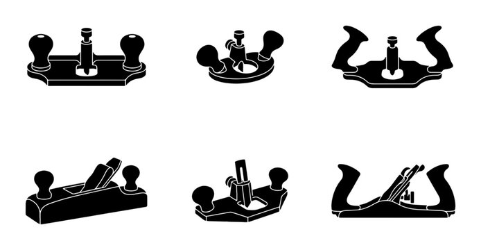 Black and white carpentry planes and routers, set of woodworking