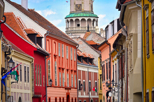 Historic Firewatch Tower and Colorful Baroque Townhouses in Sopron Hungary